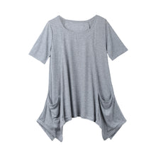 tshirt women knitting overtop o neck short sleeves pockets asymmetric hem casual pullover women tops grey J4U66