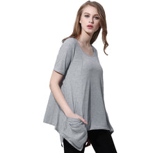 tshirt women knitting overtop o neck short sleeves pockets asymmetric hem casual pullover women tops grey J4U66
