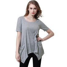 tshirt women knitting overtop o neck short sleeves pockets asymmetric hem casual pullover women tops grey J4U66
