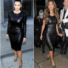women dress long sleeve pu leather patchwork black dresses o neck bodycon sexy dress vestios J4U66