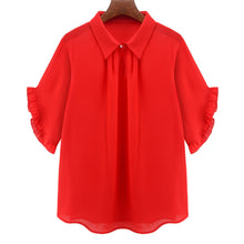 women blouses turn down collar keyhole chiffon shirt button front ruffled cuff plus size women tops red J4U66