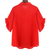women blouses turn down collar keyhole chiffon shirt button front ruffled cuff plus size women tops red J4U66