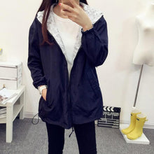 Fashion Women Bomber Basic Jacket Pocket Zipper Hooded Two Side Wear Coat Cartoon Print Outwear Loose Plus Size J4U66