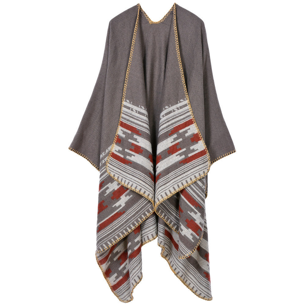 women casual knitted cape poncho open front contrast striped pashmina cardigan outwear tops shawl scarf J4U66
