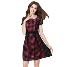 women dress plaid check hollow out o neck elegant evening party dress short sleeve slim ol a line dress J4U66