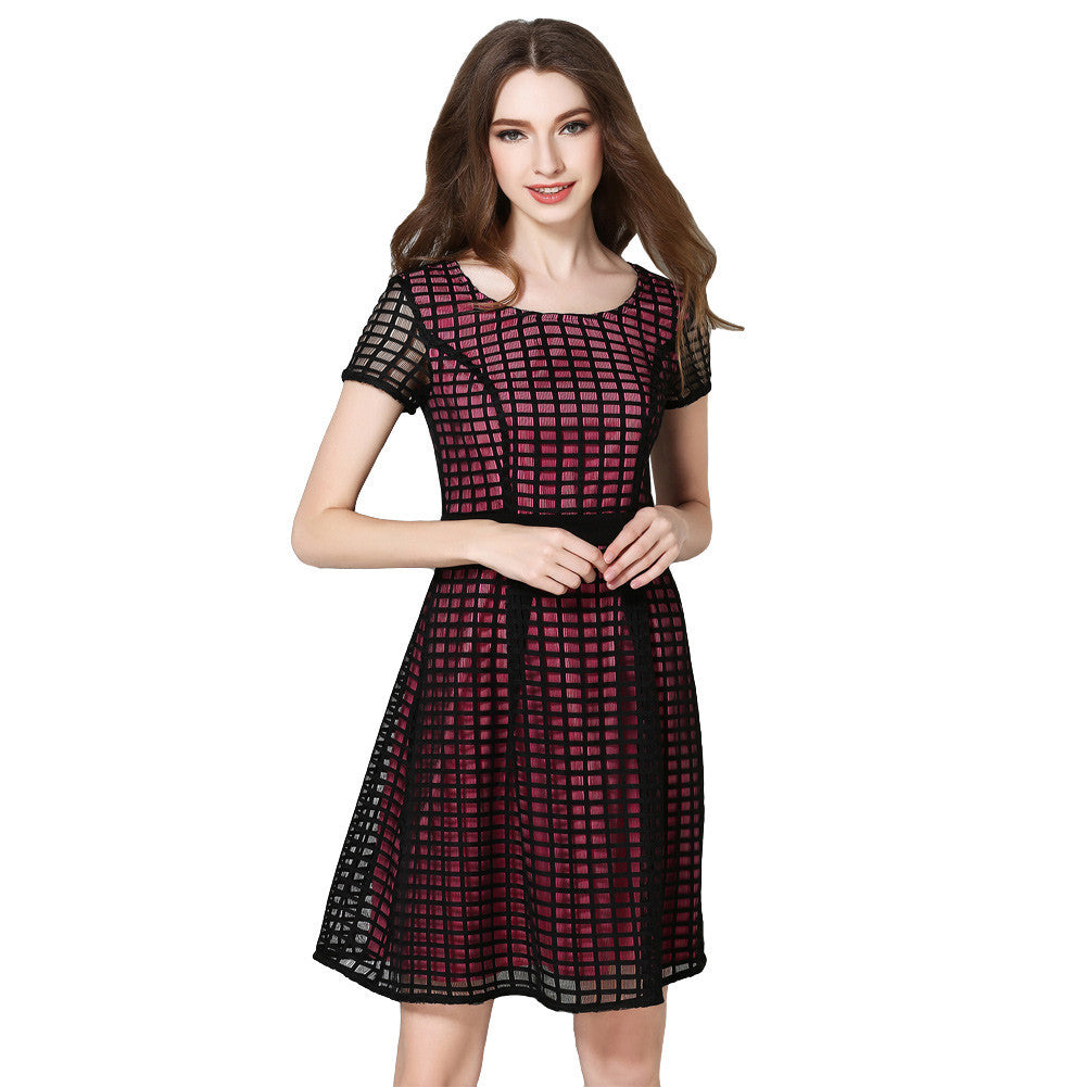 women dress plaid check hollow out o neck elegant evening party dress short sleeve slim ol a line dress J4U66