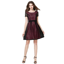 women dress plaid check hollow out o neck elegant evening party dress short sleeve slim ol a line dress J4U66
