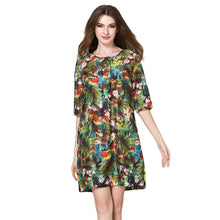 women elegant dress flower print o neck vintage office dress half sleeve button pocket party dress green J4U66