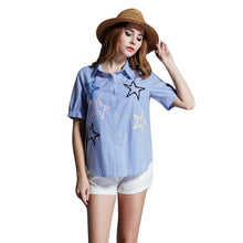 women shirt plus size cotton blouse stripe turn down collar button closure short sleeve embroidery blusas blue J4U66