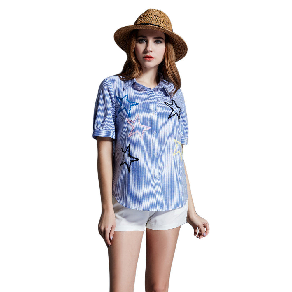 women shirt plus size cotton blouse stripe turn down collar button closure short sleeve embroidery blusas blue J4U66