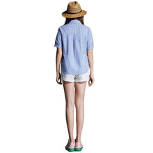 women shirt plus size cotton blouse stripe turn down collar button closure short sleeve embroidery blusas blue J4U66