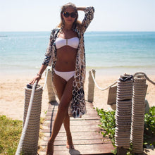 Fashion Women Blouse Beach Boho Kimono Cardigan Leopard Boho Printed 3/4 Sleeve Casual Loose Long Beach Coat Tops J4U66