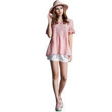 women t-shirts round neck short sleeve crochet lace t-shirts women hollow out top plus size blusa pink J4U66