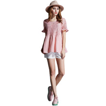 women t-shirts round neck short sleeve crochet lace t-shirts women hollow out top plus size blusa pink J4U66
