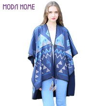 women warm cape geometric print feather straps open front shawl pashmina casual cardigan blue echarpe hiver femme J4U66