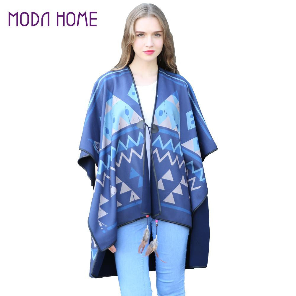 women warm cape geometric print feather straps open front shawl pashmina casual cardigan blue echarpe hiver femme J4U66