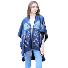 women warm cape geometric print feather straps open front shawl pashmina casual cardigan blue echarpe hiver femme J4U66