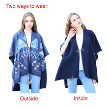women warm cape geometric print feather straps open front shawl pashmina casual cardigan blue echarpe hiver femme J4U66