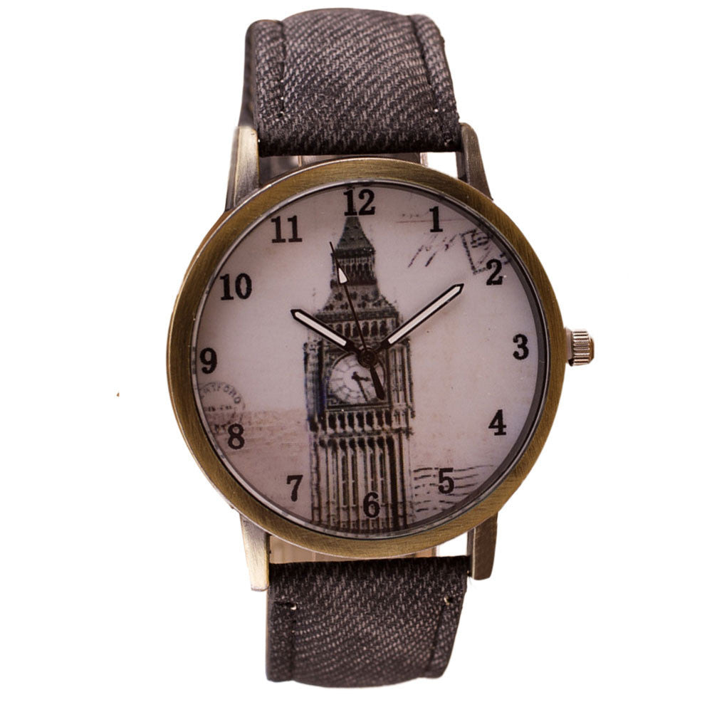 Fashion Women Wristwatch Tower Pattern Retro Clock Quartz Analog Watch Cowboy Leather Band Women Dress Relogio Ladies Clock J4U66