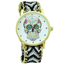 Fashion Women Wristwatch Weaved Fabric Rope Band Bracelet Skull Pattern Quartz Analog Women Dress Relogio Ladies Clock J4U66