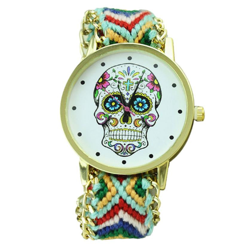 Fashion Women Wristwatch Weaved Fabric Rope Band Bracelet Skull Pattern Quartz Analog Women Dress Relogio Ladies Clock J4U66
