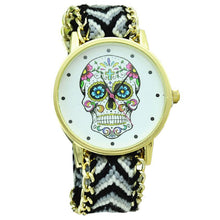 Fashion Women Wristwatch Weaved Fabric Rope Band Bracelet Skull Pattern Quartz Analog Women Dress Relogio Ladies Clock J4U66