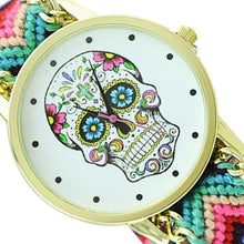 Fashion Women Wristwatch Weaved Fabric Rope Band Bracelet Skull Pattern Quartz Analog Women Dress Relogio Ladies Clock J4U66