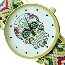 Fashion Women Wristwatch Weaved Fabric Rope Band Bracelet Skull Pattern Quartz Analog Women Dress Relogio Ladies Clock J4U66