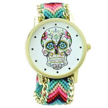 Fashion Women Wristwatch Weaved Fabric Rope Band Bracelet Skull Pattern Quartz Analog Women Dress Relogio Ladies Clock J4U66