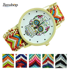 Fashion Women Wristwatch Weaved Fabric Rope Band Bracelet Skull Pattern Quartz Analog Women Dress Relogio Ladies Clock J4U66