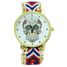 Fashion Women Wristwatch Weaved Fabric Rope Band Bracelet Skull Pattern Quartz Analog Women Dress Relogio Ladies Clock J4U66