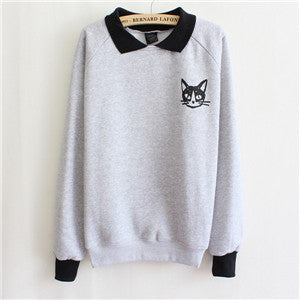 Fashion Women Lapel Neck Pullover Sweatshirt Cat Printed Loose Blouse Coat Clothes J4U66