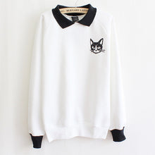 Fashion Women Lapel Neck Pullover Sweatshirt Cat Printed Loose Blouse Coat Clothes J4U66
