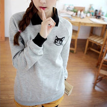 Fashion Women Lapel Neck Pullover Sweatshirt Cat Printed Loose Blouse Coat Clothes J4U66