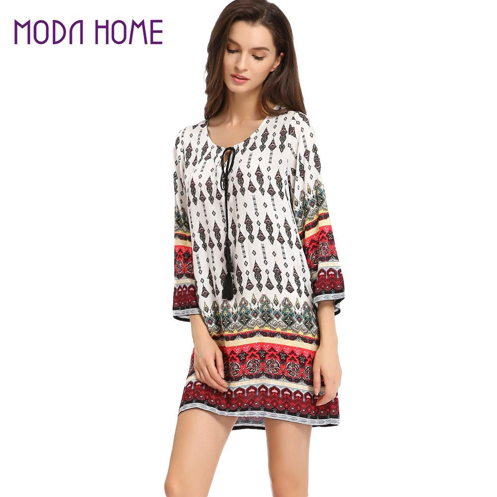 mini women bohemian vintage dress retro printing round neck 3/4 sleeve sundress dress vestidos white J4U66