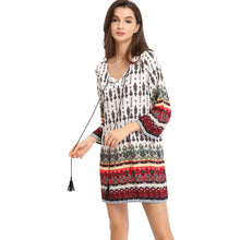 mini women bohemian vintage dress retro printing round neck 3/4 sleeve sundress dress vestidos white J4U66