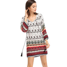 mini women bohemian vintage dress retro printing round neck 3/4 sleeve sundress dress vestidos white J4U66