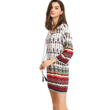 mini women bohemian vintage dress retro printing round neck 3/4 sleeve sundress dress vestidos white J4U66