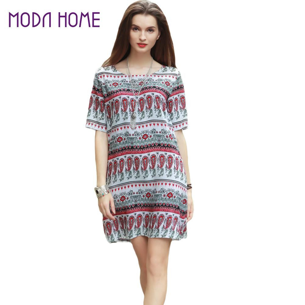 women boho dress tribal print sundress short sleeve mini dress o neck casual beach dress red vestidos J4U66