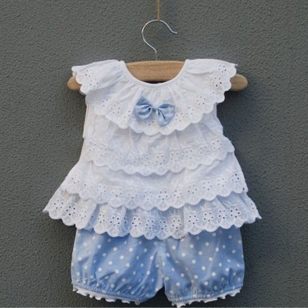 Sweet Baby Kids Girls 2pcss Outfit Clothes Ruffled T-shirt Tops + Dot Pants Suit Clothing Sets J4U66