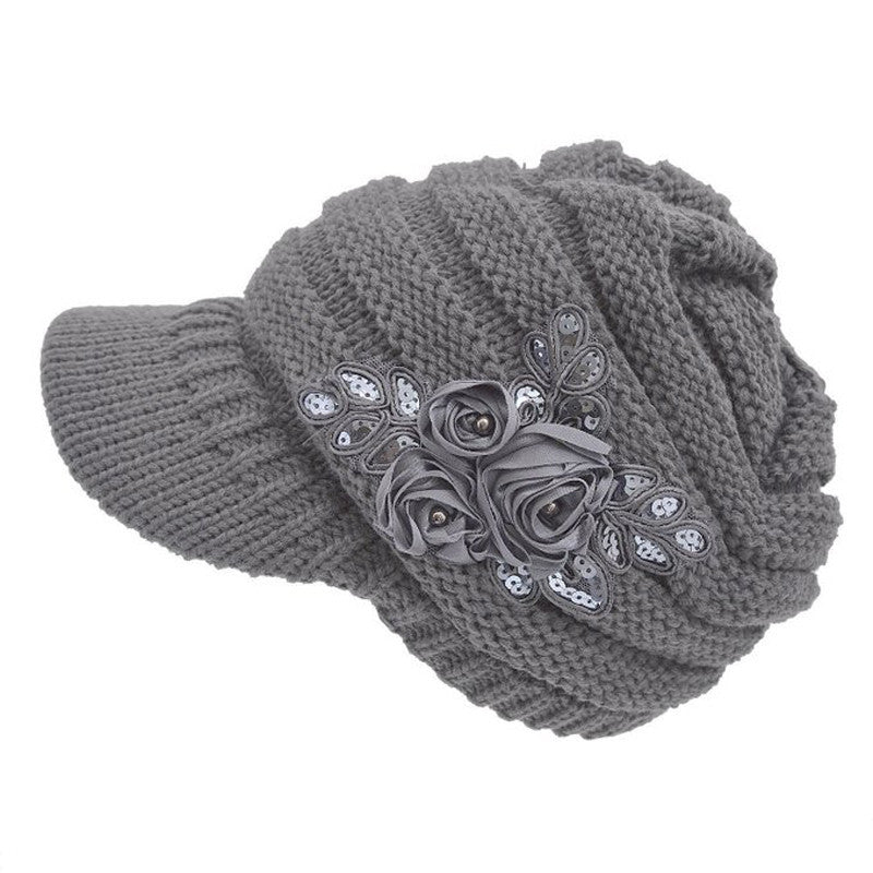 Fashion & Ctue Women's Cable Knit Visor Hat With Flower Accent Tops Hats ing J4U66