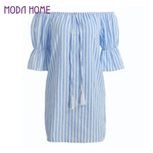 korean casual sexy women dresses blue striped off the shoulder half sleeve shirt mini dress beach dress robe J4U66