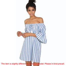 korean casual sexy women dresses blue striped off the shoulder half sleeve shirt mini dress beach dress robe J4U66