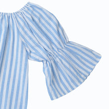 korean casual sexy women dresses blue striped off the shoulder half sleeve shirt mini dress beach dress robe J4U66