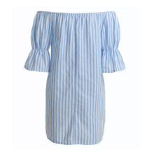 korean casual sexy women dresses blue striped off the shoulder half sleeve shirt mini dress beach dress robe J4U66