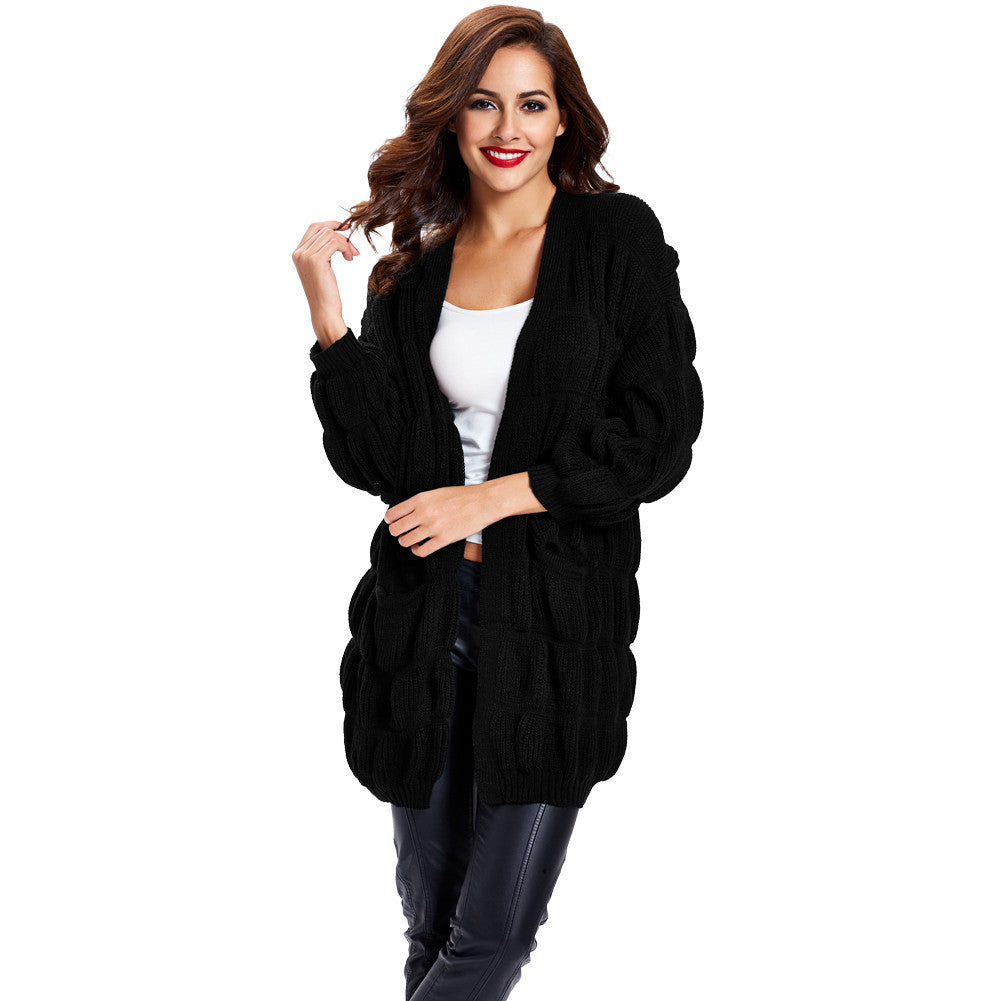 korean style solid coat femme hiver women knitted long sweatercardigans lantern sleeves pockets outfits feminino J4U66
