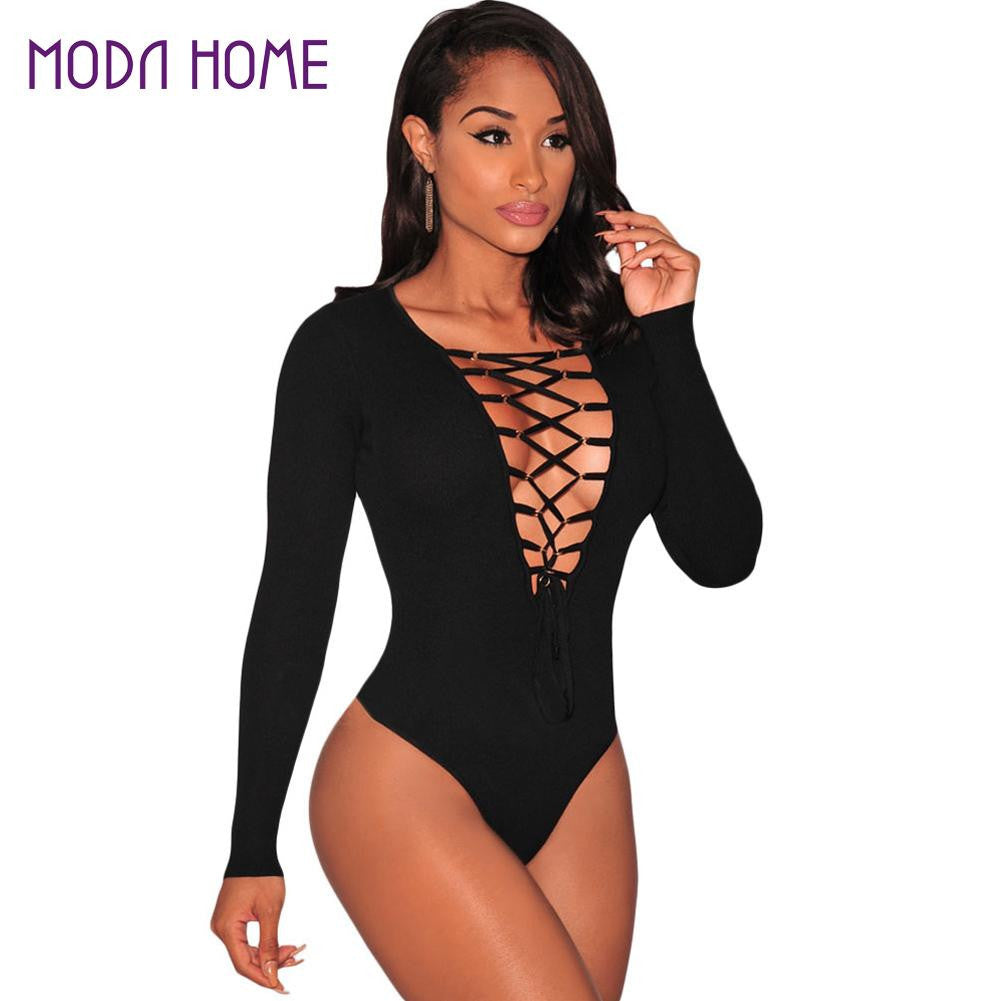 lace up front rompers womens jumpsuit solid sexy short bodysuit long sleeve vintage bodycon bodysuit sexy women clothing J4U66