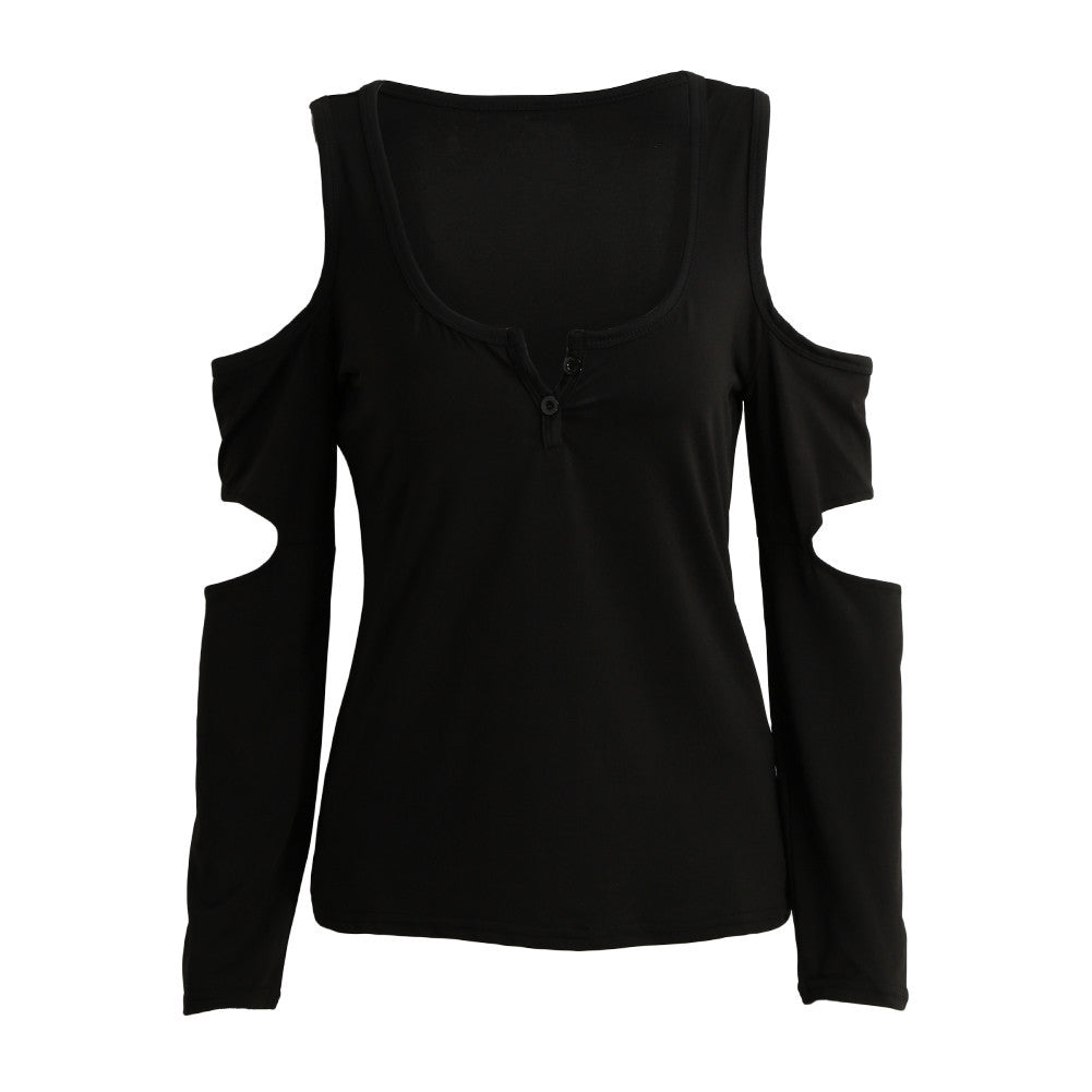 low cut women casual t-shirts cold shoulder square collar solid tshirt cutout long sleeve tops rose green black ropa mujer J4U66