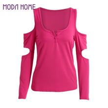 low cut women casual t-shirts cold shoulder square collar solid tshirt cutout long sleeve tops rose green black ropa mujer J4U66