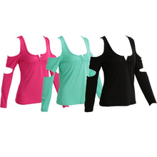 low cut women casual t-shirts cold shoulder square collar solid tshirt cutout long sleeve tops rose green black ropa mujer J4U66